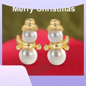 Snowman Stud Earrings Copper 18K Gold Plated Shell Artificial Pearl With 925 Sterling Silver Earring Post Christmas Jewelry For Women