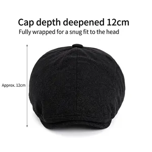 Black knit newsboy cap with 12cm deep crown design for full coverage and comfort