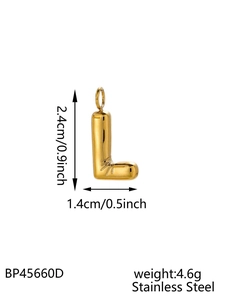 Detail showing dimensions of gold stainless steel bubble letter L pendant charm