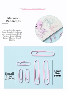 Comparaison de tailles de trombones couleur macaron en rose, violet et vert pour bureau