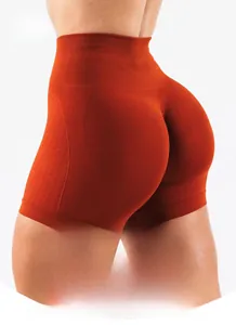 Detail of high waisted seamless yoga shorts with peach contouring and ribbed knit texture