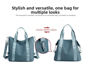 Detail showing versatile nylon tote bag with detachable straps and waterproof fabric
