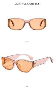 Front and side views of light tea wrap-around sunglasses with wide temples