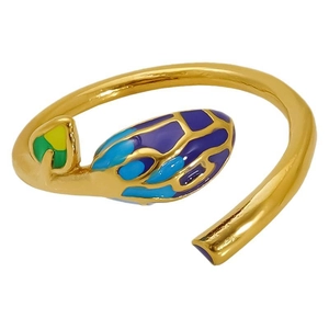 Snake shaped adjustable gold ring with colorful enamel inlay on white background