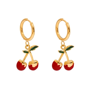 Cherry Dangle Earrings 18K Gold Plated Stainless Steel Red Enamel Fruit Drop Jewelry Vintage Waterproof For Women