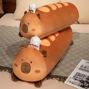 Soft capybara bread plush pillow with chef hat, cartoon long stuffed animal cushion