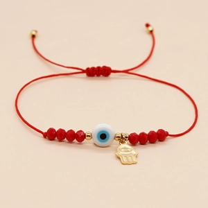 Handmade red woven Evil Eye bracelet with Fatima hand charm and crystal beads