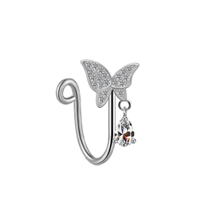 Elegant butterfly nose ring with silver metal finish and sparkling zircon drop pendant
