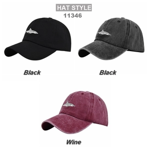 Shark embroidery baseball caps in black, grey, and wine red colors on white background