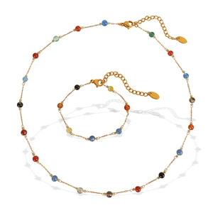 Minimalist colorful bead jewelry set with gold stainless steel necklace and bracelet