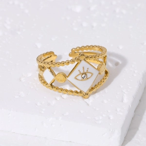 Bohemian gold-plated Evil Eye open ring with white enamel and center sparkling crystal inlay