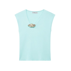 Mint green sleeveless knit top with V-neckline and gold leaf metal buckle detail