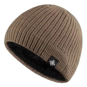 Brown winter knit beanie with warm black fleece lining and snowflake patch on white background