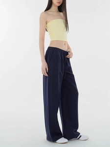 Navy blue high-waisted wide-leg trousers with drawstring elastic waist for women