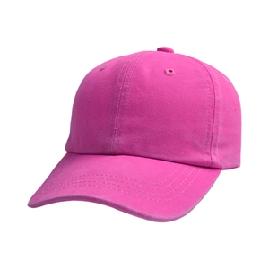 Detail of neon pink cotton baseball cap for kids showing curved brim and stitching