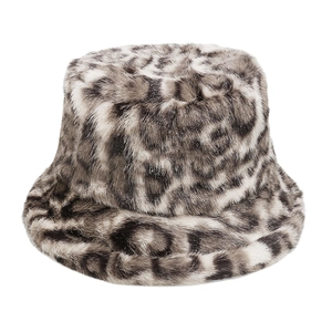 Close-up of leopard print faux fur bucket hat with thick plush texture and animal pattern