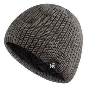 Thick knit beanie for men and women with fleece lining and dark grey ribbed texture