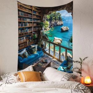 Detailed bedroom scene featuring a library cave and ocean view wall tapestry