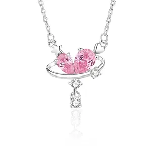 Heart Planet Pendant Necklace 925 Sterling Silver Pink Cubic Zirconia Saturn Ring Dainty Star Tassel Jewelry For Women
