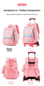 Pink ergonomic school bag detail with detachable trolley base and reflective safety strips