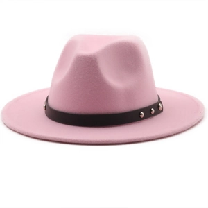 Pink wool fedora hat with black studded leather band and wide flat brim for women