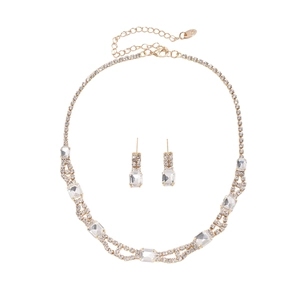 Luxurious gold double-layer square necklace and rhinestone earrings jewelry set