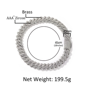 20mm Cuban chain necklace in silver brass with AAA+ cubic zirconia for hip hop style