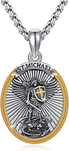 Macro view of St. Michael shield pendant with gold twisted edge and silver box chain