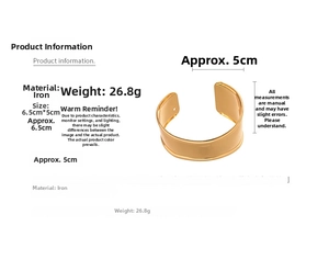 Detail showing polished gold wide open cuff bracelet dimensions 6.5cm by 5cm in iron