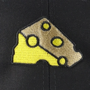 Vintage black cotton baseball cap featuring detailed yellow cheese slice embroidery