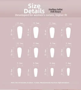 Guide des tailles pour faux ongles ballerine moyens avec 12 tailles et 24 pièces