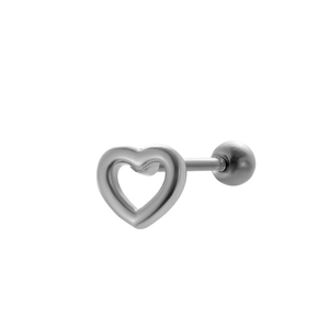 Macro shot of silver stainless steel hollow heart earring with fine micro-pavé details