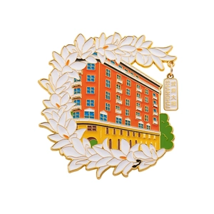 Metal Wukang Mansion Shanghai fridge magnet with colorful enamel finish and white flowers