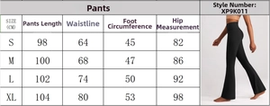 Size chart for high waisted yoga flare pants showing S-XL measurements and fit details