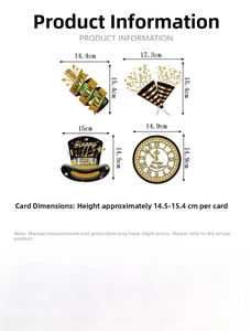 Detailed dimensions of Happy New Year paper spiral ornaments with various festive shapes