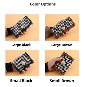 Detail view of houndstooth wallets in long and short sizes with metal buckles