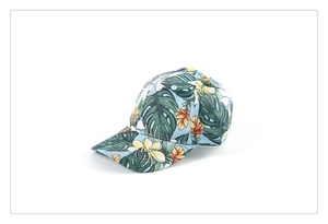 Dettaglio della stampa tropicale sul berretto da baseball in cotone azzurro con visiera