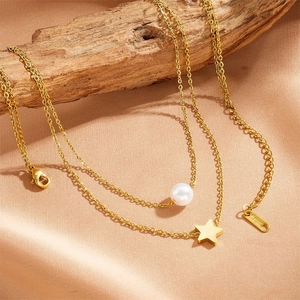 Double Layer Necklace Gold Plated Stainless Steel With Artificial Pearl And Star Pendant Elegant Fashion Jewelry For Women
