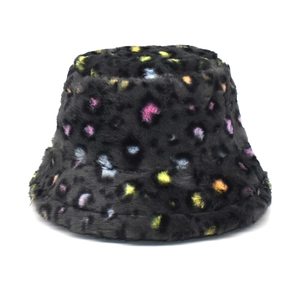 Winter plush bucket hat in black faux rabbit fur with colorful leopard print design