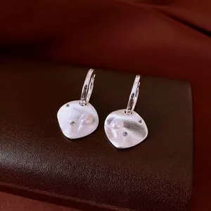 Rhombic brushed pearl drop earrings with zircon in S925 silver minimalist luxury style