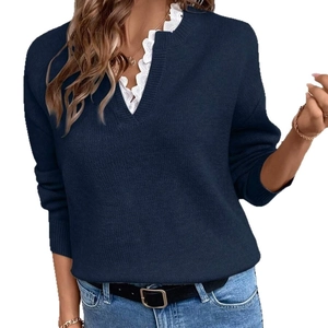 Women's dark blue V-neck knit sweater with white lace trim and long ribbed sleeves