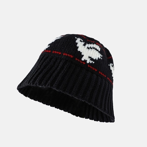 Close-up of knit bucket hat featuring white bird jacquard and red dashed line detail