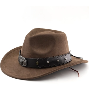 Chapeau De Cowboy Western Daim Large Bord Vintage Boucle Tête De Taureau Rivets Étoiles Bande Tressée Retro