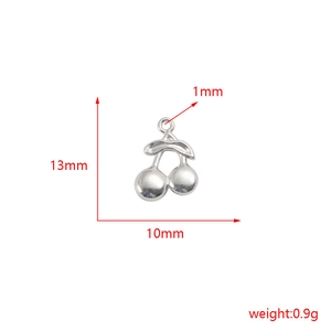 Detailed size and weight specs for silver cherry charm pendant with dimensions and 0.9g mass