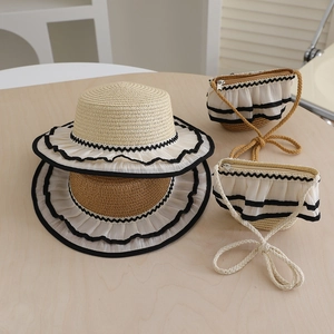 Kids and adults lace trim straw hats with matching crossbody bags for summer vacation