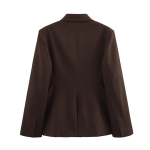 Back view of a tailored dark brown blazer featuring a sleek waist-cinching fit for women