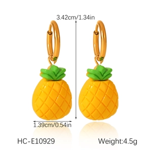 Detail view of pineapple hoop earrings showing dimensions 3.42cm length and 1.39cm width