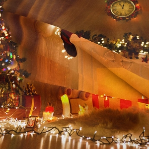 Close-up of fabric tapestry showing a warm Christmas tree, red gifts, and vintage clock