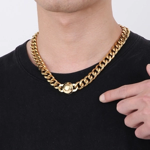 Men's 13mm gold Cuban link necklace featuring a CNC diamond-encrusted circular buckle clasp