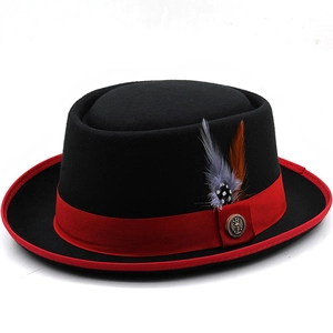 Retro Pork Pie Hut Wollfilz Flach Jazz Cap Mit Roter Schleife Feder Metall Anker Abzeichen Britischer Stil Unisex